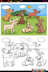 dogs and puppies characters group coloring book page