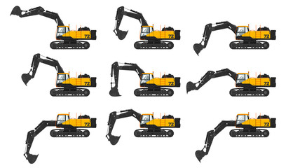 Set of digger hydraulic excavator with different dipper position isolated on white background, vector illustration © serz72