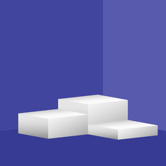 Rectangular boxes for demonstration, purple violet wall and floor, white podium stand, vector illustration