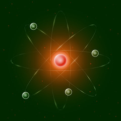 Glowing red atom on green background, scientific vector illustration