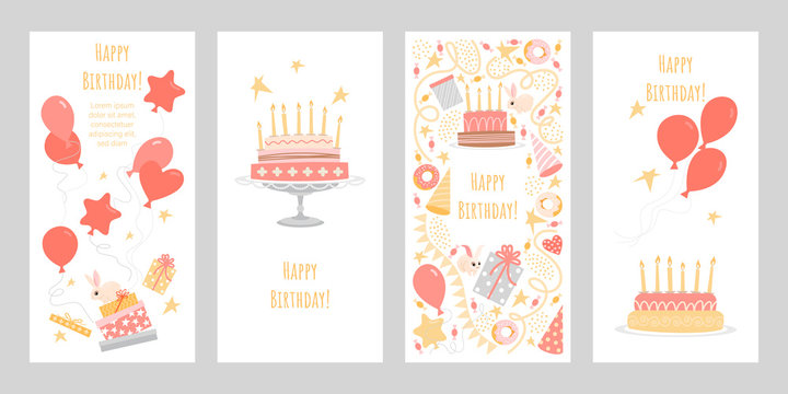 Set of birthday greeting cards with cakes, candles, gifts, balloons and other decorations.