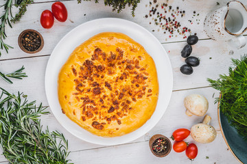 Khachapuri in Imereti. Georgian national dish. view from above. beautiful serving