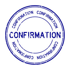 Grunge blue confirmation word round rubber seal business stamp on white background
