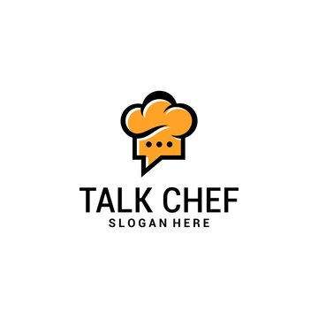 talk chef / hat kitchen talk / bubble chat icon vector line logo design graphic template