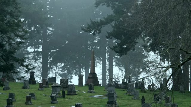Mist blowing across a hilltop cemetery