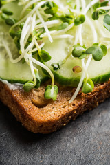 Sandwich with cucumber, cheese and microgreens. Selective focus. Shallow depth of field.
