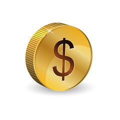 Symbol, dollar sign, gold coin, currency. Vector illustration isolated on a white background. Use as an icon symbolizing wealth, the economy, the exchange rate, the growth of the dollar, the earnings 