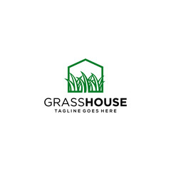 Illustration green grass with house sign logo design template.