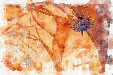 watercolor style and abstract illustration of old Architectural Details over antique ceiling with vintage chandelier
