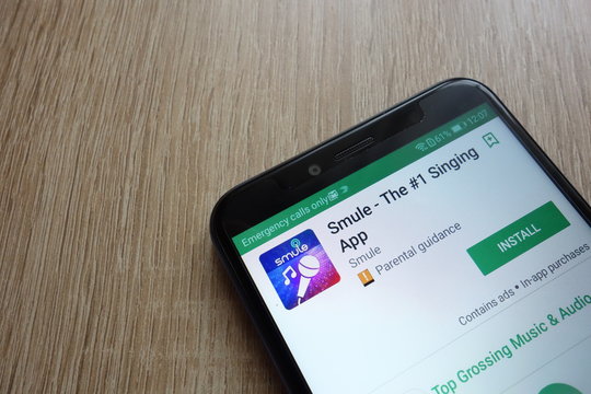 KONSKIE, POLAND - JUNE 17, 2018: Smule app on Google Play Store website displayed on Huawei Y6 2018 smartphone