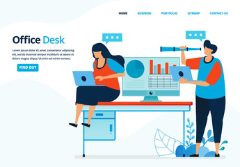 Fototapeta na wymiar Vector human illustration of office desk. People are working in an office or coworking space. Can use for landing page, template, mobile app, poster, banner, flyer, background, website, advertisement