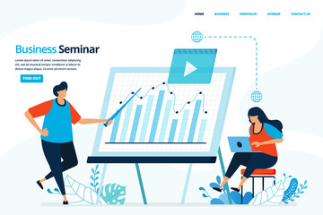 Vector human illustration of business seminar. Presentation of reports in planning and strategy analysis. Can use for landing page, template, web, mobile app, poster, banner, flyer, background website
