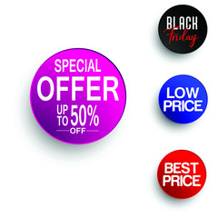 Special offer , best price, black Friday , low price tag designs as a rounded buttons - vector