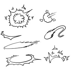 Obraz premium doodle Comic energy explosion. Cartoon flame smoke cloud, speed hit vfx effect and promo flash blast vector illustration set hand drawn style