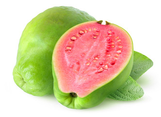 Isolated green pink fleshed guava. Whole green guava fruit and a half isolated on white background with clipping path