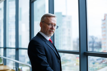 Fototapeta premium Adult male businessman, teacher, mentor looks out the large window of his office. Work in the office. Development of a new business project