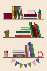 three bookshelves with different books and flowerpots