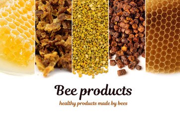 A variety of bee products. Honey, pollen, propolis, bee bread, wax. Apitherapy. Healthy products made by bees.