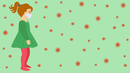 Coronavirus, Covid-19 virus concept. Full length of little caucasian girl wearing protection mask. Coronavirus, flu, virus, air pollution, disease prevention. Take care of child