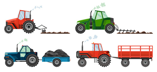 Set if farm tractors cultivates the land or carries a trailer. Heavy agricultural machinery for field work transport for farm in flat style. Isolated flat style, vector illustration