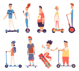 Young handsome people riding an electric, modern outdoor transport, standing pose. People riding electric. Design for rent service a quick eco ride. Vector illustration in flat style