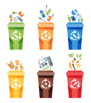 Garbage collection recycling. Plastic containers for garbage of different types. Rubbish container concept logo. Vector illustrations in cartoon style