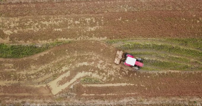 Overview tracktor cultivating rice crop