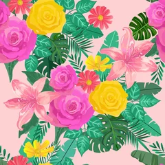 Behang Naadloze patroon met rozen en lelies op roze achtergrond. © kanitta
