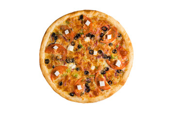 Pizza with mozzarella slices, tomatoes, purple onions, green pepper and cheese