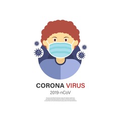 Corona virus in China.Sign caution coronavirus. Stop coronavirus , man in white medical face mask. Concept of corona virus quarantine. Observe safety measures in public places. Vector illustration