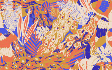 Seamless pattern with large blue-green peacock tails and leaves of tropical palm trees.