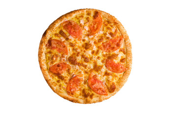 Pizza with finely chopped ham, tomato and cheese