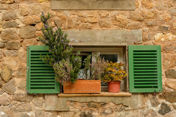 ein kleines Fenster mit Pflanzen und grünen hölzernen Klappläden als Sonnenschutz