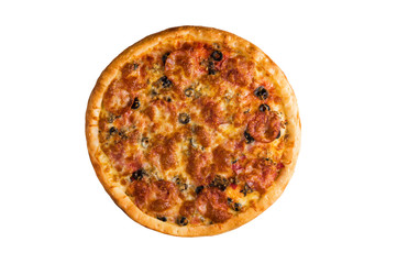 Pizza with smoked sausage, olives, tomatoes, mushrooms and cheese