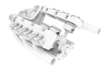 3D rendering - outlined V8 engine model