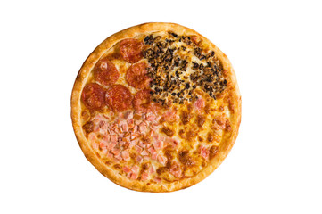 Pizza with finely chopped and mushrooms, smoked sausage, ham and plenty of cheese