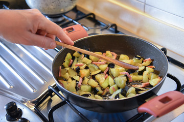 Cooking Eggplants in the Cooking Pan