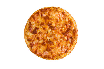 Cheese Pizza. Large pieces of cheese on the dough are filled with melted cheese.