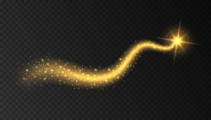 Gold stardust light trail with shining star isolated on transparent background. Comet with glowing magic particles. Shiny Christmas confetti or luxury vector decoration. © Likanaris