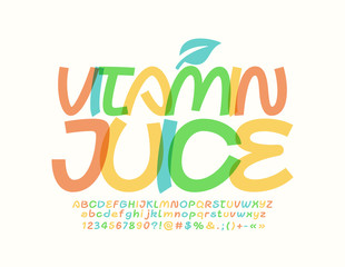 Vector bright logo Vitamin Juice with decorative leaf. Creative colorful Font. Trendy Alphabet Letters and Numbers