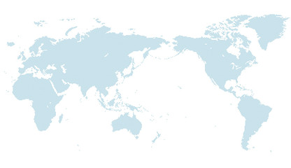 東アジアを中心とした青い世界地図。　中サイズ。