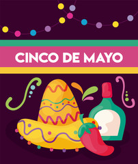 label cinco de mayo with hat and tequila