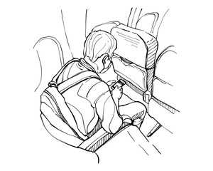 Illustration Hand drawn Sketch, A man wearing a safety mask Prevent germs, Virus Covid-19,Press the cell phone to sit on the Airplane.