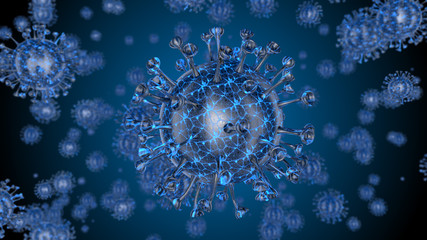 Corona COVID-19 Alert SOS. Pandemic bacteria pathogen medical health risk, immunology, virology, epidemiology concept. Microscope virus cell. 3D illustration