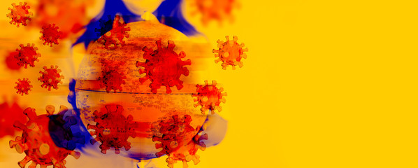 COVID-19 virus coronavirus cell.Doctor holding global earth world Coronavirus Covid-19 outbreak influenza background.Pandemic medical health risk concept with disease cell as a 3D render.illustration
