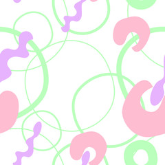 Abstract background. Seamless pattern of simple shapes in pastel pink, blue, lilac colors on a white background. Vector illustration.