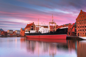 Gdansk with beautiful old town over Motlawa river at sunset, Poland.
