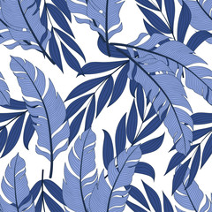 Botanical seamless tropical pattern with bright plants and leaves on a white background. Beautiful seamless vector floral pattern. Tropic leaves in bright colors.