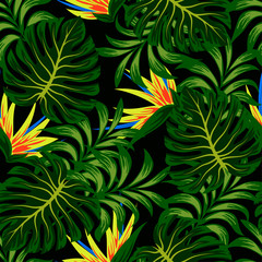 Botanical seamless tropical pattern with bright plants and leaves on a black background. Beautiful print with hand drawn exotic plants. Modern abstract design for fabric, paper, interior decor.