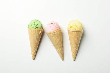 Ice cream in waffles on white background. Sweet food